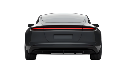 Rear View of a Dark Gray Electric Car with Red Tail Light Bar isolated on a transparent background