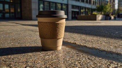 Naklejka premium Vibrant coffee cup sits on textured pavement bathed in warm sunlight with blurred urban background
