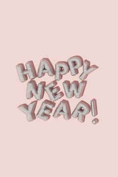  Vertical layout of silver Happy New Year text on pink
