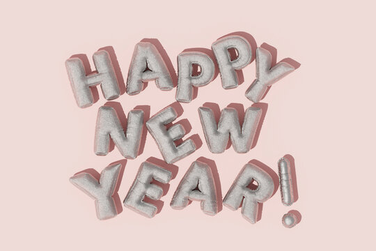  Silver 3D Happy New Year text on pink background
