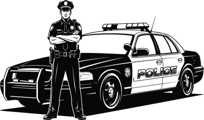 Police officer silhouette standing with arms crossed in front of patrol car, vector illustration for law enforcement, authority, protection, public safety themes © Sihab Creatives