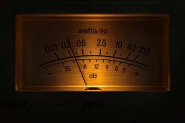 Analog Watt Meter Displays Power Output and Db Levels in Dark Setting