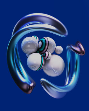 Liquid-Glass Arcs Framing Pearl Spheres on Cobalt Background