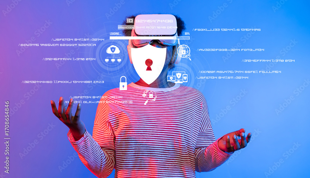 Poster a woman interacts with futuristic digital concepts emphasizing cyber security and privacy, highlight