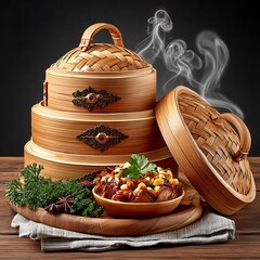 Authentic Steamed Dumplings On A Wooden Board High Resolution Picture