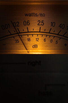 Analog Watt Meter Displays Power Output and Db Levels in Dark Setting