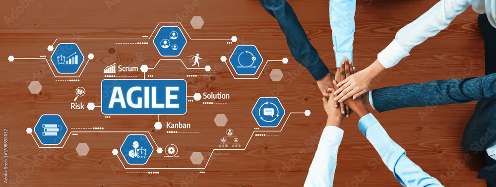 Poster a dynamic team collaborates over agile methodologies, embracing teamwork and innovation for project 