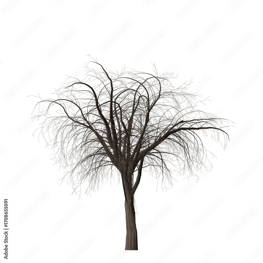 Poster a solitary tree with bare branches and sparse leaves isolated against a stark black background image
