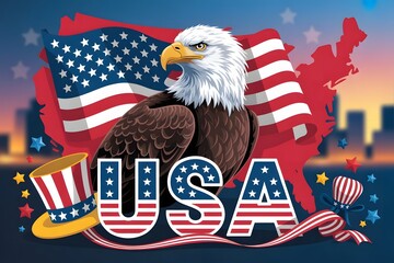 "USA artwork showcasing bald eagle, American map, patriotic hat, and fireworks, representing liberty, national pride, freedom, democracy, independence, and the spirit of America."