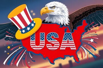 "Patriotic USA illustration featuring American bald eagle, United States map, Uncle Sam hat, fireworks, and bold red white blue design symbolizing freedom, independence, pride, and democracy."