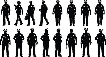 Police officer silhouettes in uniform, walking, standing, using radio, holding firearm and briefcase, vector illustration for law enforcement, patrol, protection themes