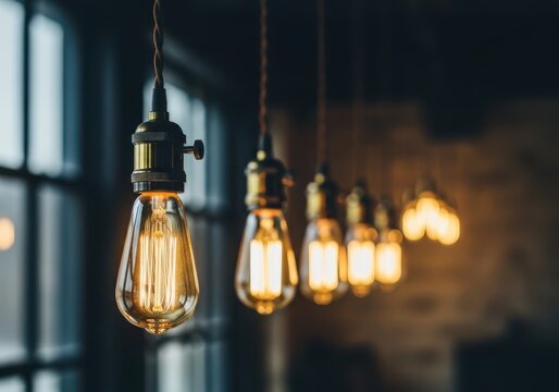 A row of vintage edison incandescent light bulbs hanging from the ceiling, casting a warm, inviting glow in a dimly lit room