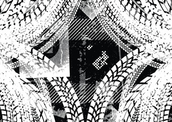 Naklejka premium Vector Print Textured Tire Track border frame. Design Element . Car tread silhouette . Mud splash grunge texture. Drift show 
