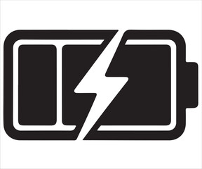 : Black silhouette of battery with lightning bolt isolated on white background, simple vector illustration for energy, electricity, charging, power supply, technology, device, portable electronics, an