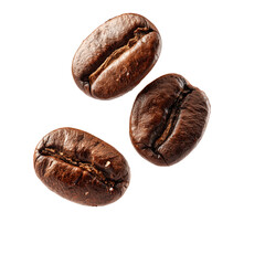 Obraz premium Three roasted coffee beans with rich texture and aroma isolated on transparent background