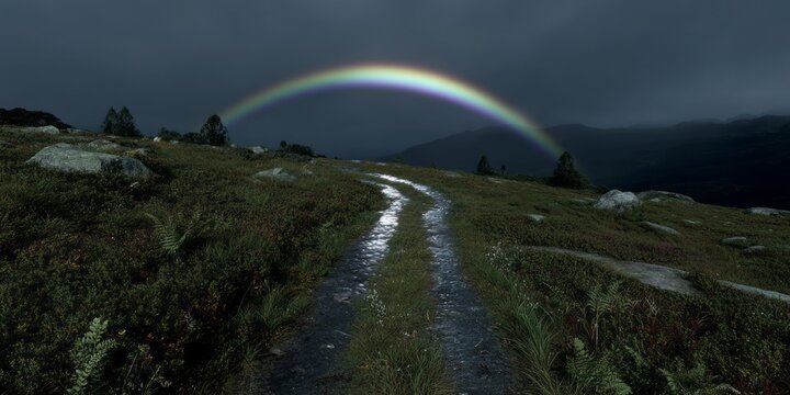 Panoramic hdr rainbow over serene landscape path nature photography tranquil environment dramatic viewpoint