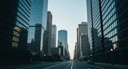 Urban street lined with modern skyscrapers.  Perspective view,  low angle, cityscape