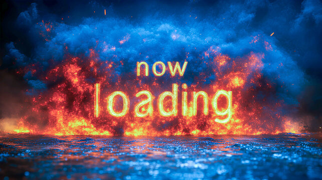 Vivid visual of flaming text now loading above a turbulent ocean with bright colors showcasing an intense scene of fire and water elements in high contrast