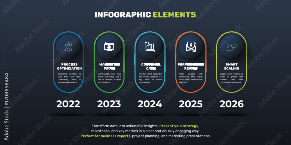 Poster line vector minimal infographic with five circles. modern timeline business concept with 5 steps by 