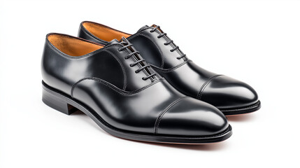 Pair of polished black leather Oxford shoes, neatly arranged side by side, displayed on seamless white background, fashion catalog style