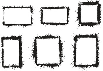 black spray frames for Creative design solated on white background. Urban street graffiti style. Airbrush paint splatter borders, grunge street art with splash effect and drops. Vector