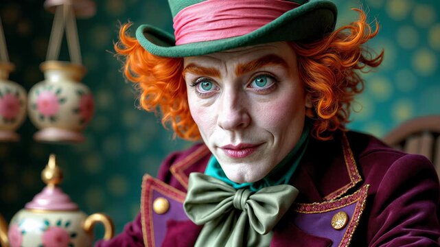Mad Hatter from Alice in Wonderland in colorful Victorian costume with top hat and bow tie. Fantasy portrait of eccentric tea party host with orange curly hair and theatrical makeup.