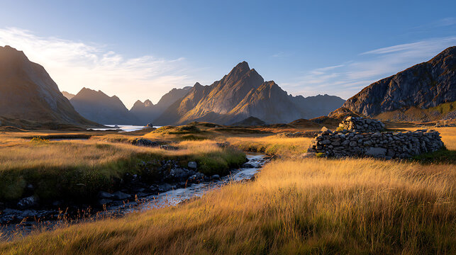  Sunrise over Lofoten's jagged peaks and ancient valley, golden grasslands and winding river, captured with Canon EOS R5.
