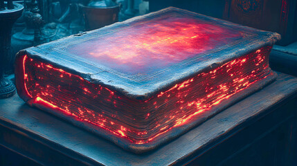 Illuminating old tome emits glowing red light in a mysterious library setting filled with ancient artifacts and dark corners, inviting exploration into its secrets