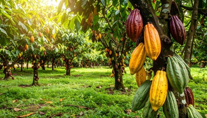Lush Cocoa Plantation: Ripe Cacao Pods on Trees