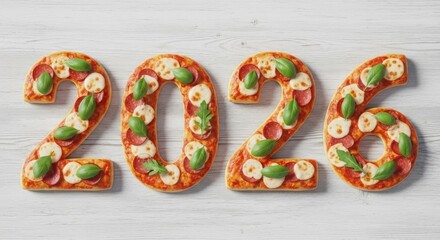 Pizza shaped as 2026 on white wooden background, representing the upcoming new year celebration