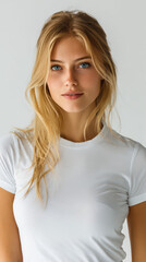 Fototapeta premium Radiant Portrait: A captivating portrait of a young woman with radiant skin, captivating eyes, and golden locks, set against a neutral backdrop. Her expression conveys a serene and confident demeanor.