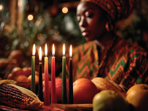 Woman celebrating Kwanzaa with kinara, mkeka and mazao