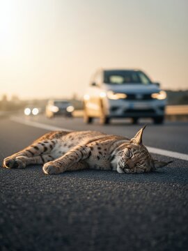 Dead Iberian lynx run over by a car lying on the asphalt of a road