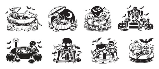Skeletons Relaxing and Celebrating Halloween skull