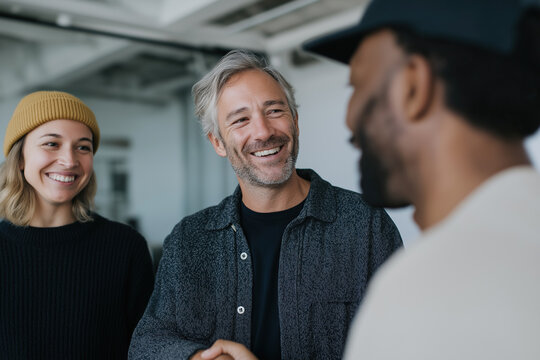 Relaxed professional team engages in productive collaborative discussion within modern office environment.