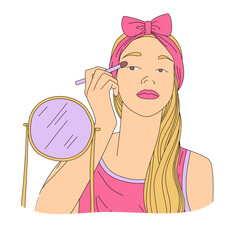 Beautiful young woman with headband in front of mirror doing makeup. Cute girl paints eyelids with a brush for shadows. She takes care of herself. Vector illustration, flat style. Hand drawn.