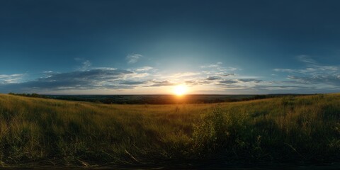 Obraz premium Golden hour panorama of exported open grassland in hdr with stunning skies and nature's beauty
