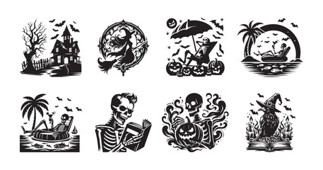 Naklejka premium Halloween Silhouettes Haunted House Witch Skeleton Beach Vacation Keywords: Halloween
