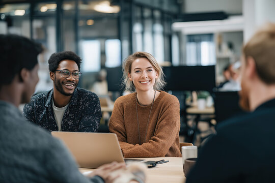 Diverse professional team conducts focused collaborative meeting reviewing projects on laptop together.