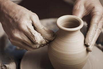 Skilled artisan carefully shapes wet clay on spinning pottery wheel with hands.