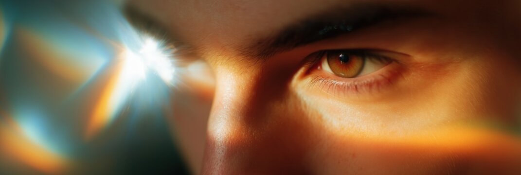 Close-up of young caucasian male with intense gaze and dramatic lighting effects