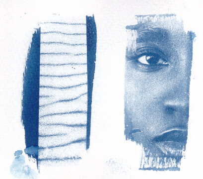 Cyanotype of diptych abstract shapes and face detail