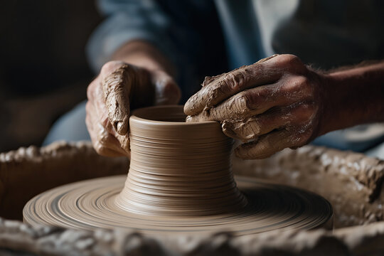 Skilled artisan carefully shapes wet clay on spinning pottery wheel with hands.