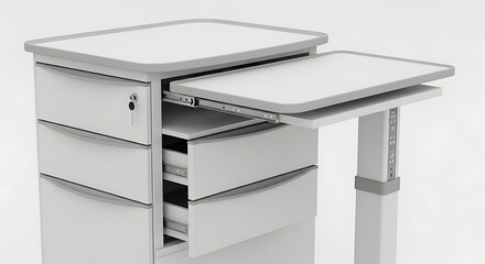 A white medical cart with drawers and a slide out table on a white background in a studio setting ai generated