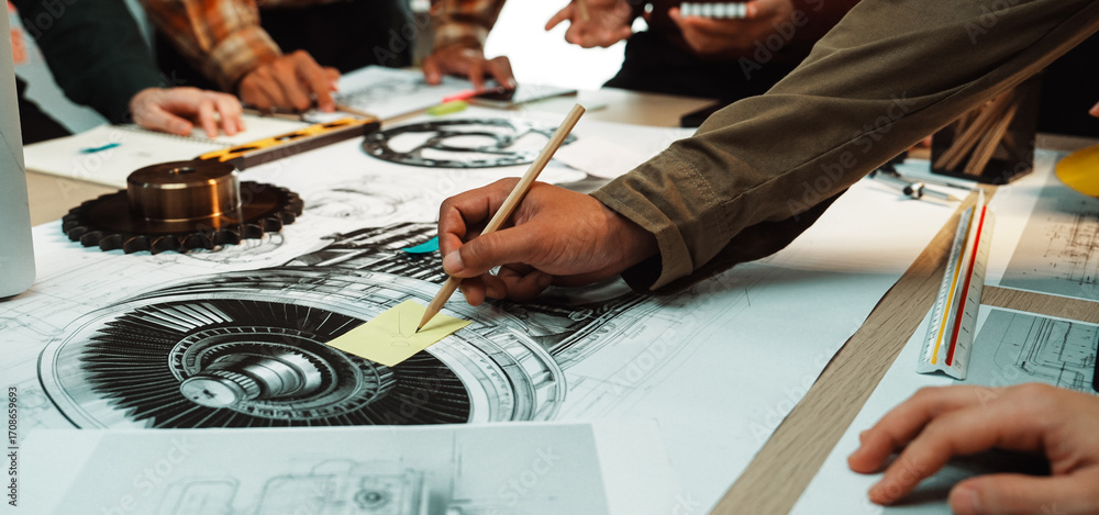 Aufkleber a dynamic team collaborates in a creative workspace, surrounded by engineering drawings and sketches