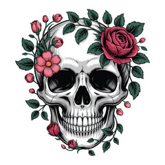 Fototapeta premium Skull with pink roses and green leaves human skull