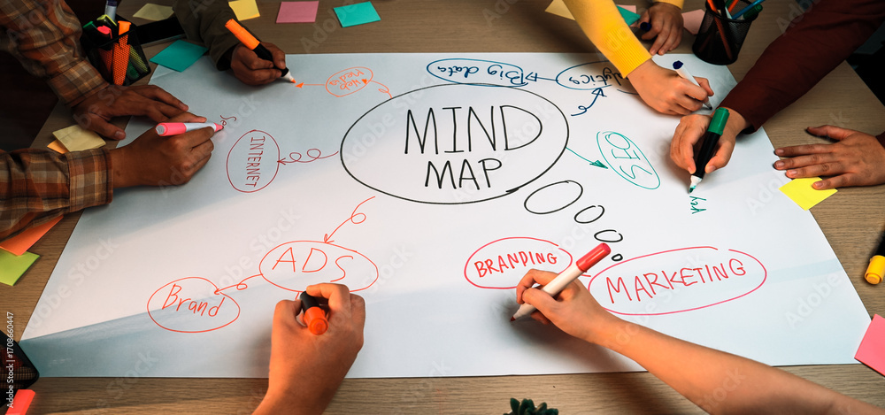 Aufkleber a diverse group engages in a dynamic brainstorming session, creating a colorful mind map that highli