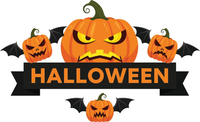 Spooky Halloween pumpkins with bat wings and a "Halloween" banner