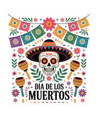 Obraz premium Dia de los Muertos skull with sombrero and maracas