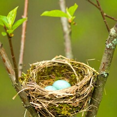 Fototapeta premium Two light teal eggs nestled in a rustic bird's nest, resting amongst branches and budding leaves